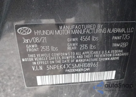 2021 Hyundai Sonata N Line z USA, uszkodzony, nr VIN 5NPEK4JC5MH108963